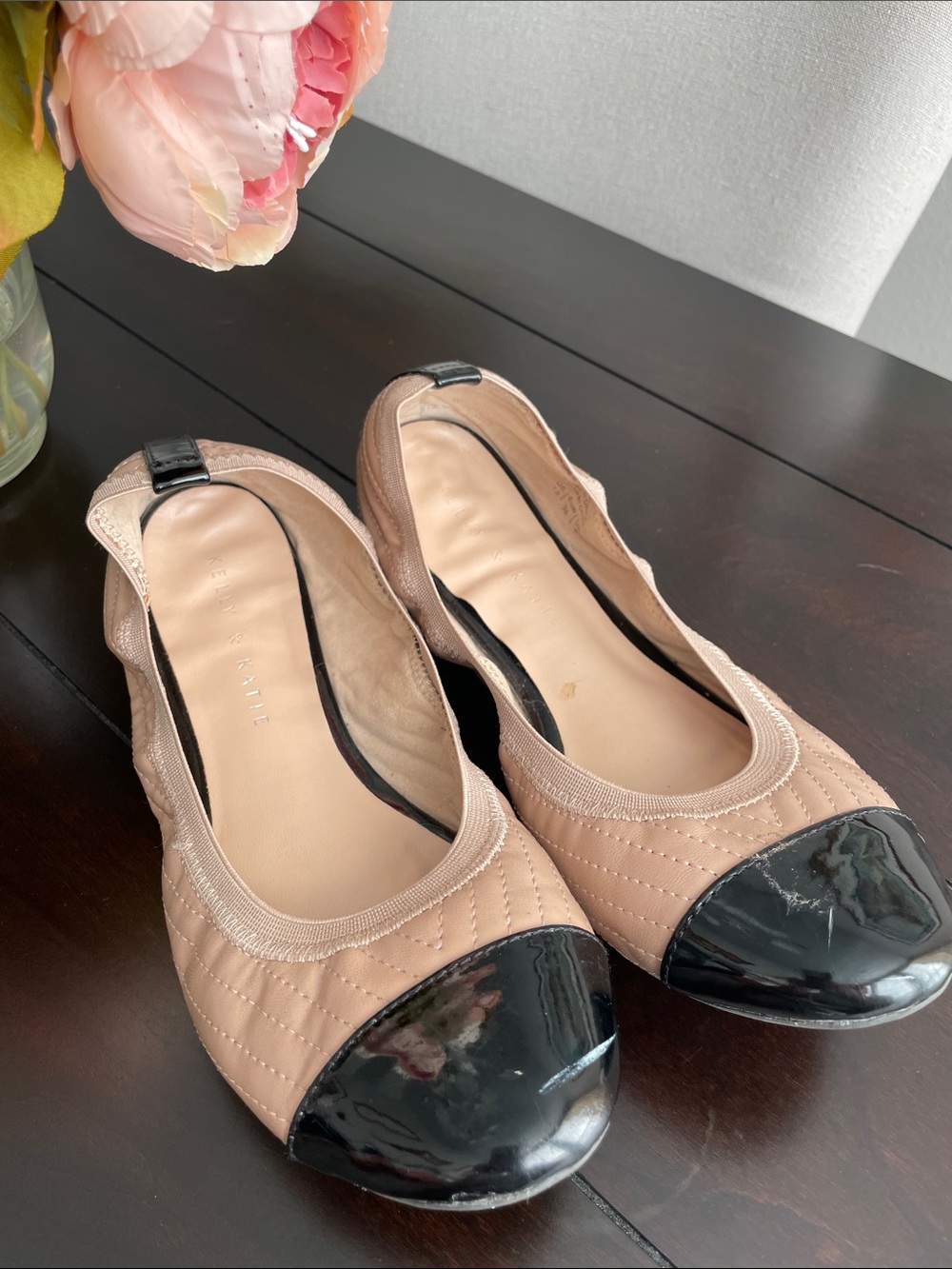 Kelly & Katie Nude Ballet Flats with Black Patent Cap Toe